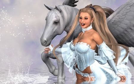 Elf and Winged Horse - woman, elf, horse, female, fantasy, daz3d