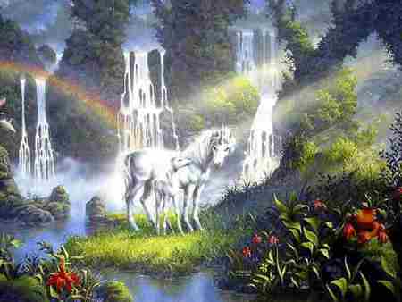 Unicorns - rainbow, lake, unicorns, waterfalls, painting, forest, beautiful, flowers, grass