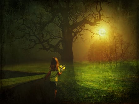 Powerless - girl, yellow, light, long hair, green, tree, flowers