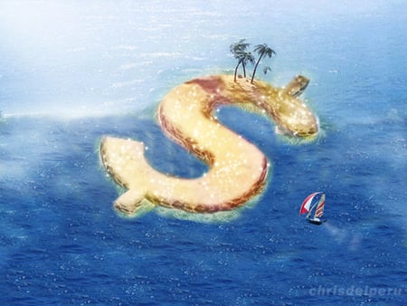 Dollar Island - creative, ficcion, dollar, ship, illusion, island, sea, land, boat, fantastic