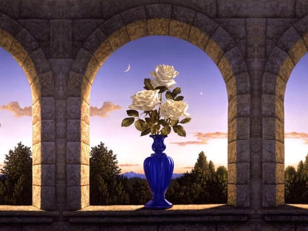 heavenly bliss - moon, arch, sky, trees, clouds, bluevase, whiteroses