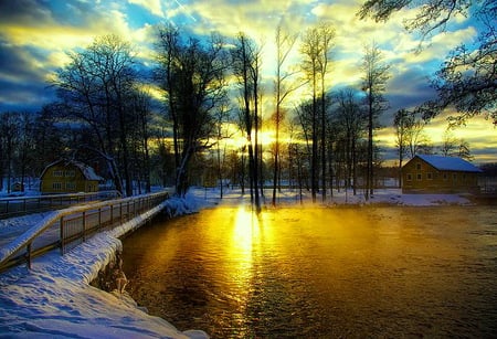 Evening gold - reflections, trees, clouds, snow, winter, sunset, pond, gold