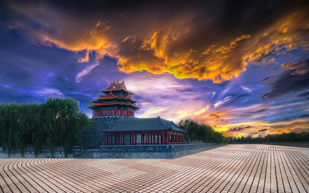 The Forbidden City - forbidden city, sunset, tress, china, texture, castle, sky