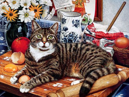 I am ready for a photo! * Painting by Geoffrey Tristam - cat, geoffrey tristam, daisy, roll, kitten, painting, table, animal, egg, apple, flower