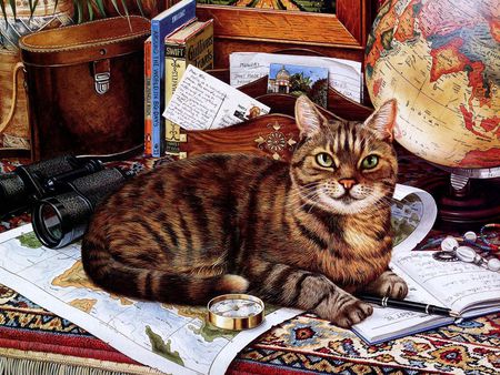 I am studying geography * painting by Geoffrey Tristam - compass, painting, geoffrey tristam, cat, feline, sweet, world map, kitten