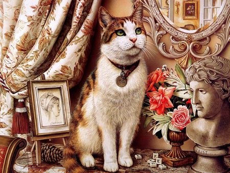 Home sweet home * Painting by Geoffrey Tristam - curtain, geoffrey tristam, frame, mirror, kitten, sweet, statue, cat