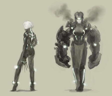 Touhou mechanized - izayoi sakuya, anime, touhou, mech suites, futuristic, monochrome, hong meiling, silver hair