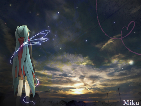 Hatsune Miku - horizon, aqua, hot, sun, heart, music, sunset, anime girl, white, art, cool, artistic, hatsune miku, sexy, skirt, song, scarf, vocaloids, program, vocaloid, beautiful, contrast, diva, beauty, nice, realistic, sky, trees, twintail, singer, black, virtual, pretty, idol, white clouds, clouds, anime, miku, cute, gray clouds, stars, girl, real, hatsune, abstract, scenery, awesome