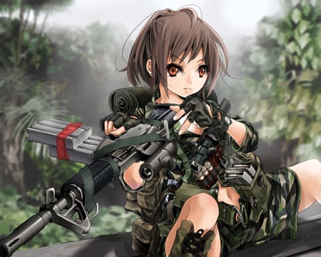 Hunting - forest, uniform, brown hair, gloves, gun, weapon