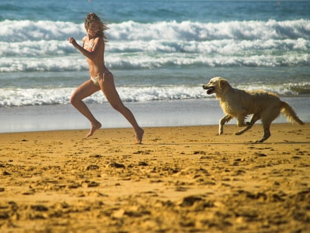 Friends-On-Beach - picture, girl, cool, dog, on beach