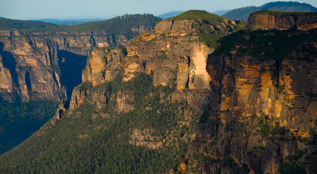 Blue Mountains - sky, rough, canyon, blue, vegetation, beige, rocks