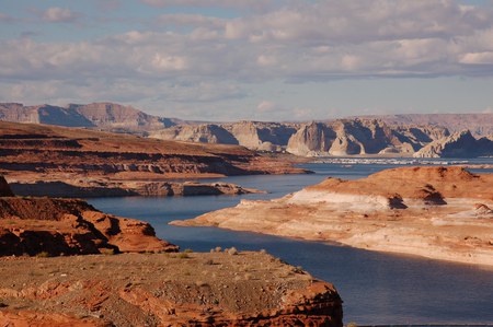 Desolate Canyon - sky, water, rocks, canyon, clouds, river, ochra, layers, desolate