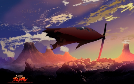 Kamina's Grave - clouds, anime, cape, sword, cool, kamina, sunset, awesome, mountains, hero, sky