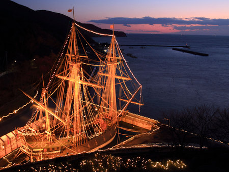 Illumination - masts, lights, water, boat, ship, hills, harbour, sailing, sunset