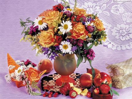 flowers & fruits for primaverasd - fullcolours, strawberries, fruits, beautiful, flowers, apricotes, vase