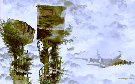 hut in clouds - hut, clouds, 3d, wallpaper, fantastic