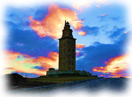 Tower and Sunset - square, evening, blue, orange, sunset, high, tower