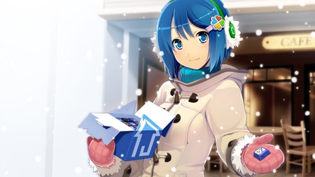 Nanami Madobe - anime, nanami madobe, os tan, snow, present, windows 7, blue hair, coat, earmuffs, gloves, blue eyes