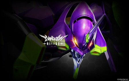 Evangelion Unit-01 - eva unit 04, robot, orange eyes, mech, evangelion, purple, horn, evangelion unit 01, anime, glowing eyes