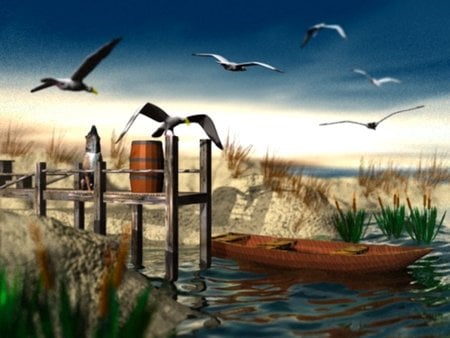 Dock of the Bay - little boat, 3d, birds, dock