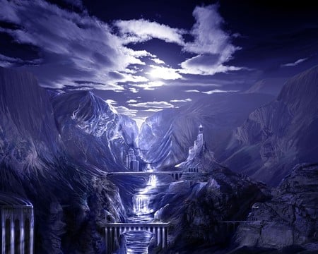 Fantasy Landscape - landscape, water, waterfalls, mountains, waterfall, fantasy, blue, river, artwork, clouds, bridges