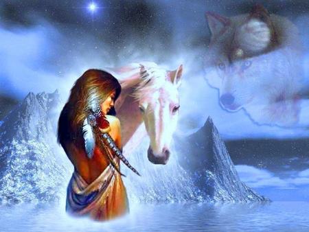 girl and horse - woman, wolf, painting, indian, girl, horse, sky