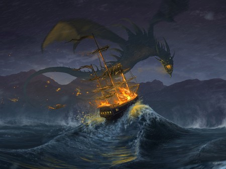 dragon and ship - flames, wings, attack, wave, fire, fantasy, storm, waves, oceans, ship, dark, dragon, sea, winges, boat