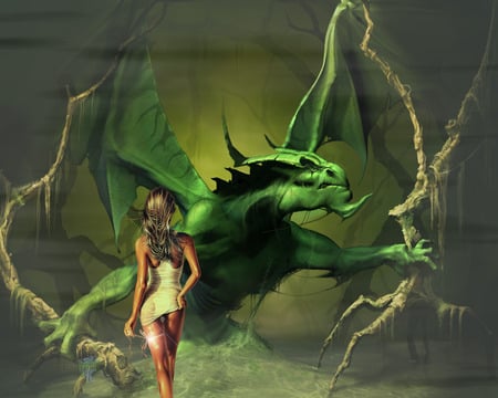 Hot Siren and the Dragon - art, fantasy art, artwork, siren, dragons, dragon, green, fantasy