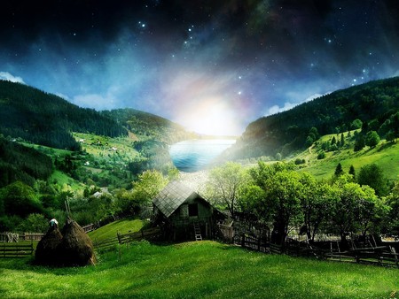 fantasy world - nature, sky, landscape, color, house