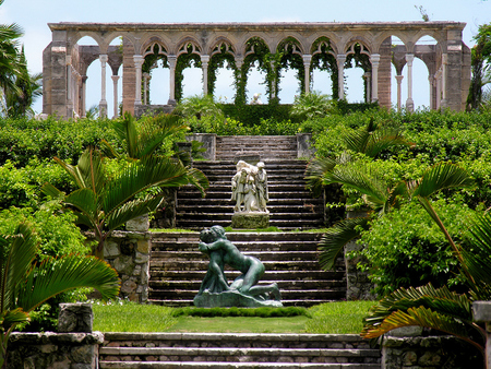 Versailles gardens - arches, palms, versailles, green, gardens, statues, france, steps