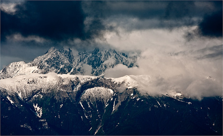 Mountains Storm - black, storm clouds, white, blue, beautiful, snow, mountains