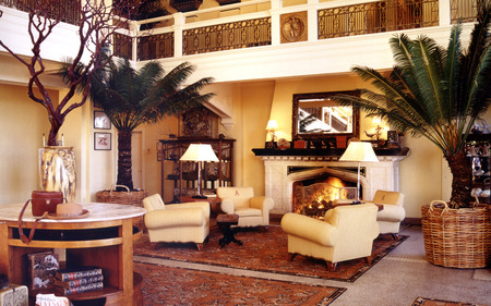 living room with a firplace - pot palms, fireplace, elegant, fire, beautiful, foteille, lamp, living room