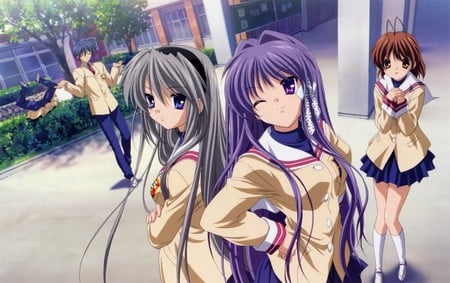 anime group - girls, brown, purple, people, anime, boys