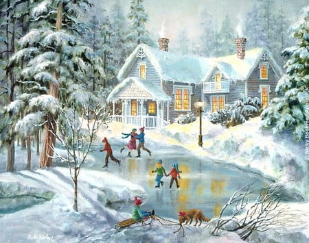 A Fine Winters Eve - house, ice, winter, lake, child