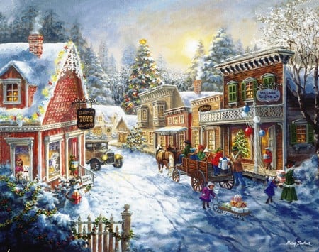 Good Old Days - new year, painting, art, car, pretty, holiday, mood, house, tree, shopping, scene, ice, craciun, winter, shop, christmas, nicky boehme, village, town, forest, snow, beautiful, frost, pictura