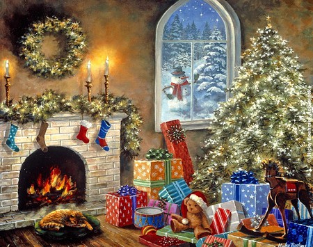 Not a Creature Was Stirring - gift, snowman, christmas tree, fireplace