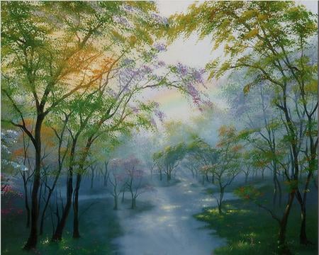 Woven  Tapestry - beam, trees, water, mist, hazy, light, sun, sky