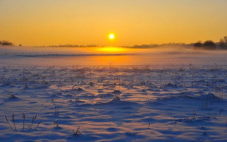 Champ de Niege - sky, sunset, field, clear, mist, nature, snow, beautiful, color, golden