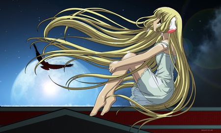 Chi On A Rooftop - moon, chii, long hair, persocom, chobits, ears, chi, rooftop, blonde hair, clouds, elda