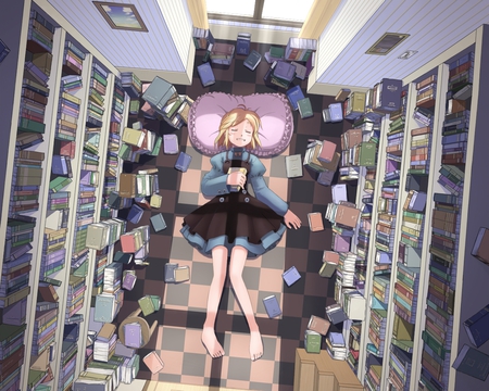 I Love Books - anime, lots of books, girl, room, books