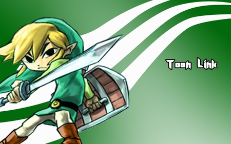 Toon Link - toon link, stripes, green, shield, sword, video games