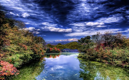 Lake Beauty Just Behind - clouds, trees, blue, landscape, reflection, lakes, mountain, sky