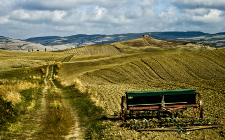 Tuscany - harvest, italy, landscape, hills, plough, crop, field