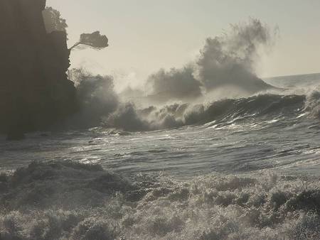 Rough Sea - haze, foam, waves, sea, rough, rocks