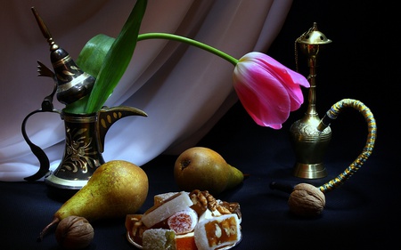 Still Life - beautiful, vase, photography, nature, colorful, pink, pretty, tulips, beauty, flowers, still life, nuts, tulip, lovely, pink tulip, colors, pears