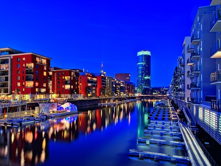 Simply Beautiful - beauty, sky, peaceful, water, colorful, view, reflection, evening, river, architecture, house, bridge, germany, boat, houses, boats, lovely, buildings, pier, red, blue, beautiful, city, colors, lights