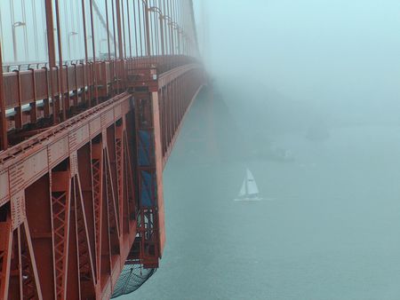 Foggy Sailing - fog, ocean, sailboat, bridge