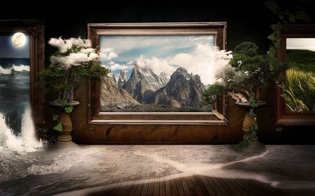 FRAMED NATURE - moon, mountain, naturemcascade, plants, mice, mist, fog, creeps, frame