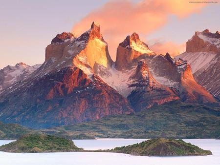 Golden Sunset - beautiful, snow, small, big rocks, greens, golden sunset, lake, mountains, 2 islands, sky