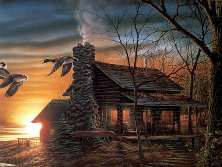 Back In Time - cabin, get a way, roots, flying, charming, sky, canoe, night time, trees, pleasures, wilderness, simple, hide out, rustic, logs, sunset, ducks, peaceful